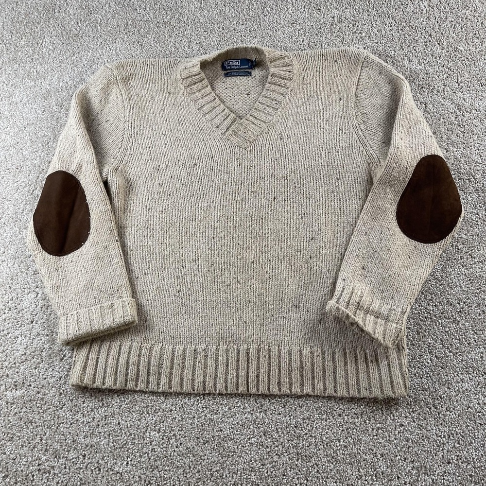 Polo Ralph Lauren Sweater Men XL Beige V Neck Elbow Patches Alpaca Knit Pullover
